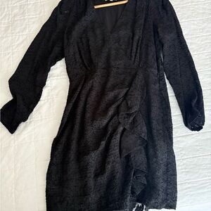 Sezane Black Lace Long Sleeve V-Neck Ruffle Dress